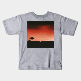 Flock of Birds and Tree Silhouette Against a Sunset, Landscape Digital Illustration Kids T-Shirt